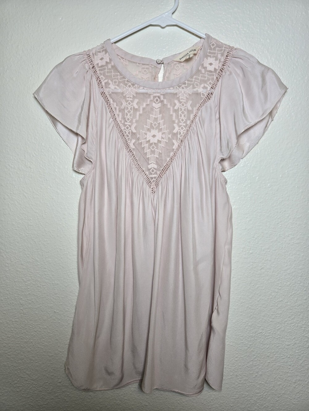 Rebecca Taylor Silk Top Blush Pink Size 2 Lace Aztec Flutter Sleeve